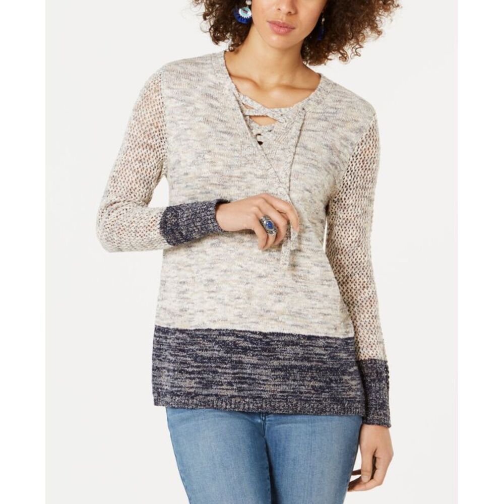 Style & Co Pointelle Sleeve Lace Up Sweater